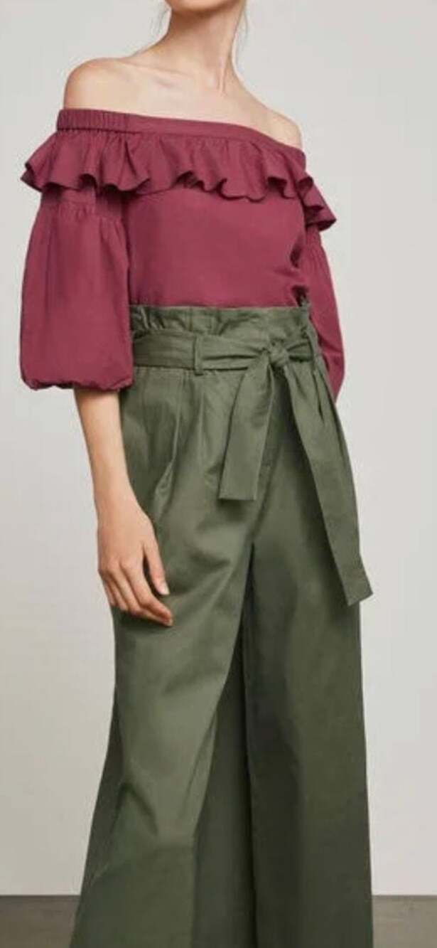 BCBGMAXAZRIA Deep Red Off-the-Shoulder Ruffle Blouse Medium Chic